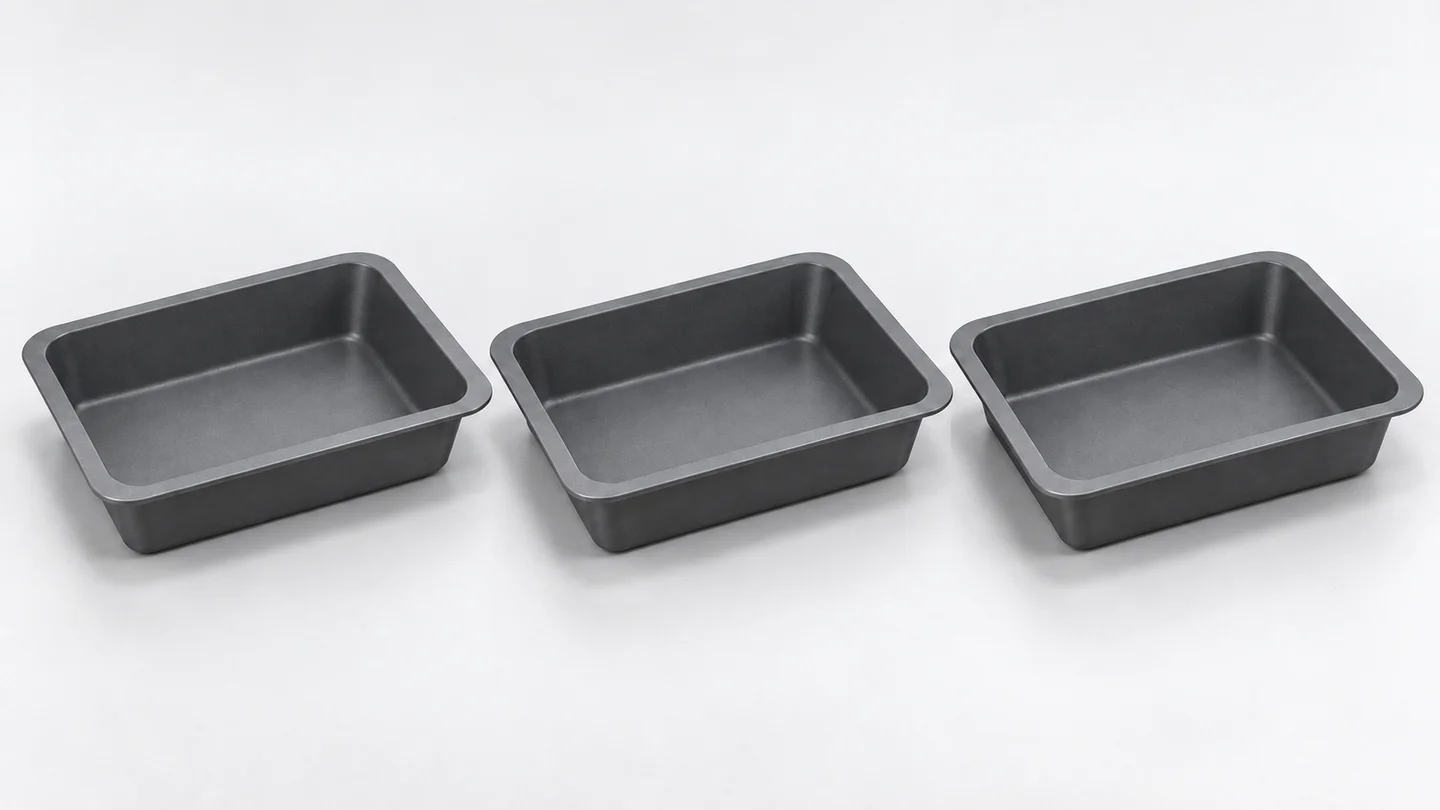 AI concept of three shallow flanged trays of the same design arranged for comparison of corresponding features