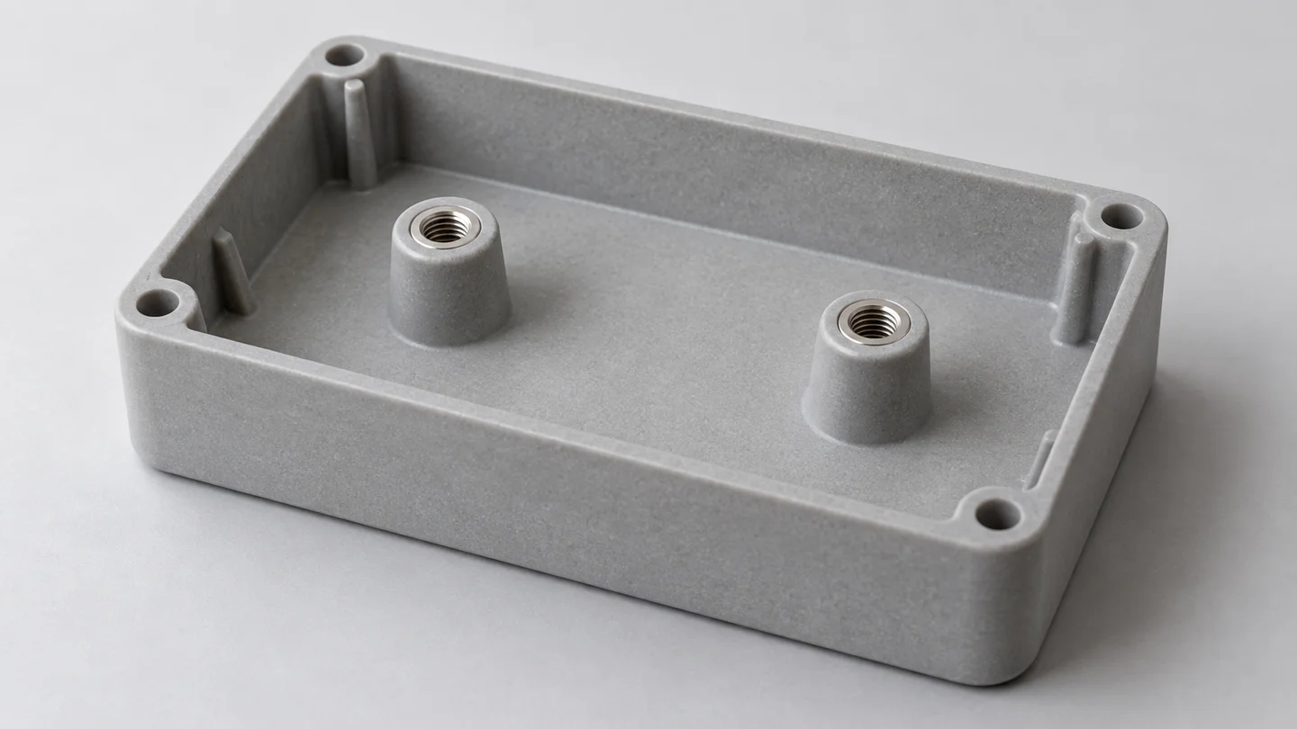 BMC housing concept with two molded-in threaded inserts on matching seating pads