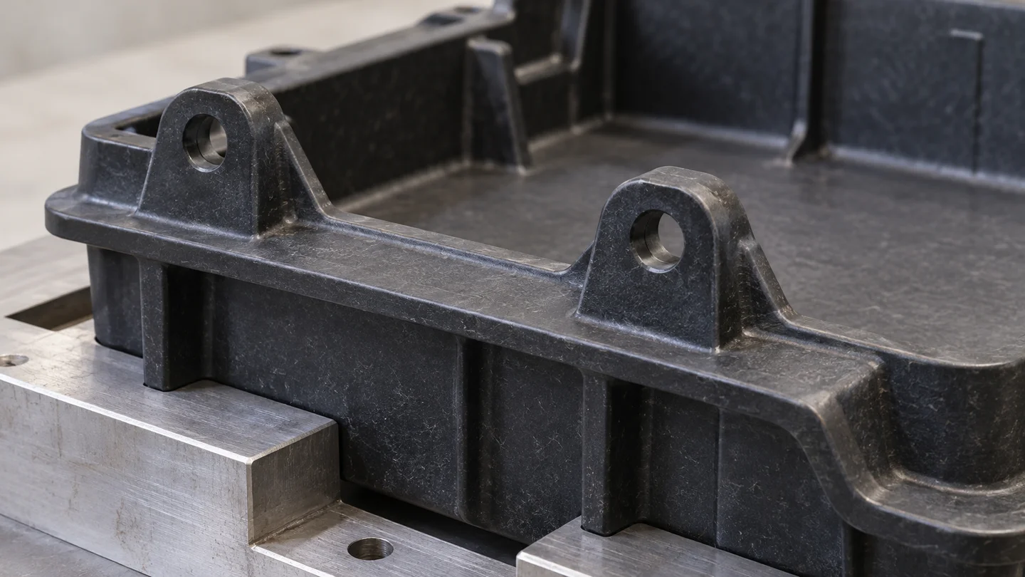 BMC housing concept with mounting lugs supported on metal blocks.