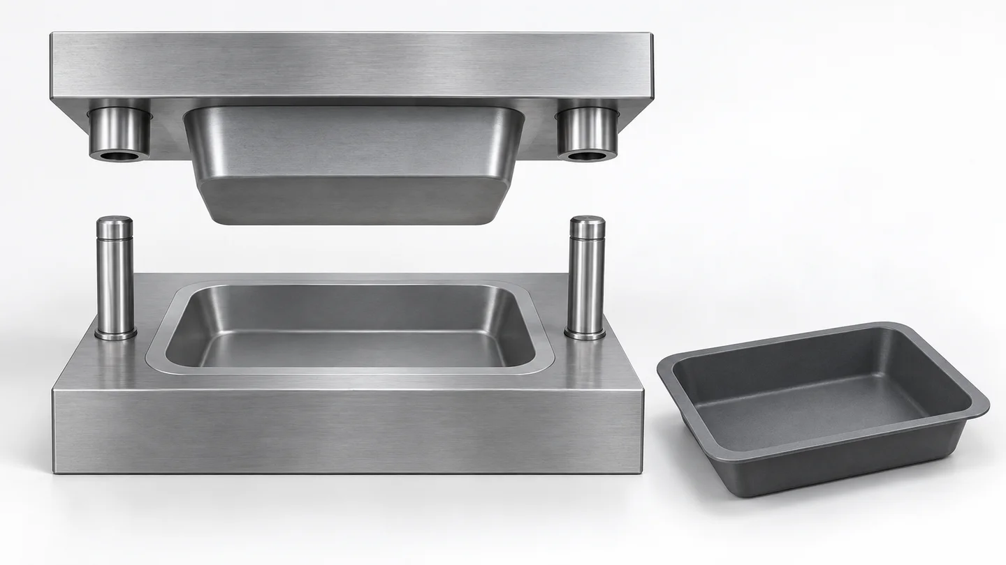 AI concept of a matched compression mould with a downward core, an upward cavity and a separate shallow flanged tray
