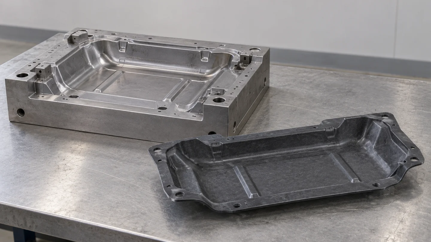 AI concept: a simple lower mould beside a representative GMT panel on a workbench