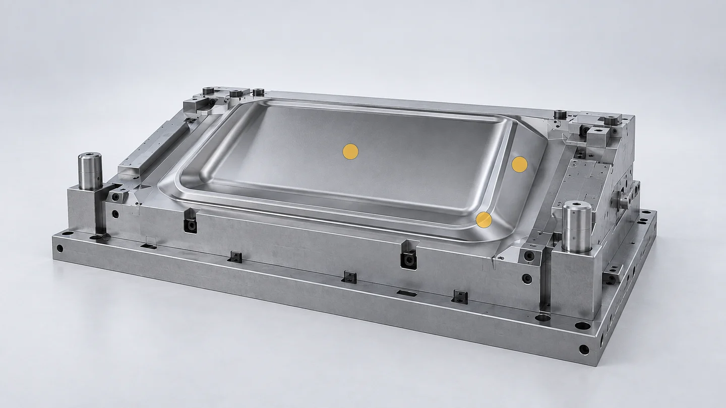 Conceptual SMC mould showing separate surface measurement locations on a broad face and return flange