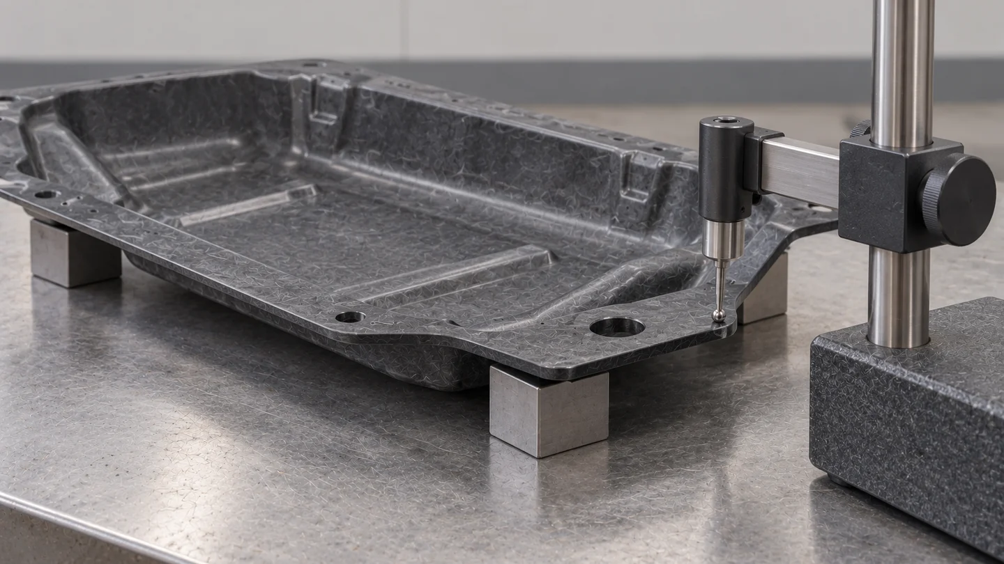 AI concept: a simple lower mould beside a representative GMT panel on a workbench