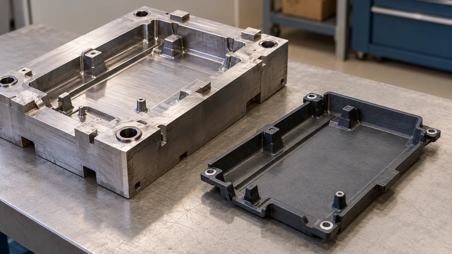 BMC compression mould half beside a representative moulded housing, AI concept illustration.